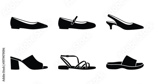 Minimalist women's shoe icons set, 6 black footwear silhouettes, elegant lady shoes including flats, high heels, sandals and mules vector collection