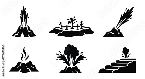 Geothermal geyser and hot spring icons, volcanic eruption and thermal water vent vector set, black silhouette nature elements for geology maps