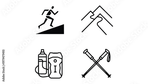 Trail Running and Mountain Hiking Icon Set: A collection of minimalist icons depicting trail running, mountain peaks, water bottle, backpack, and trekking poles.