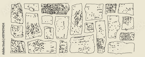 Hand drawn ancient stone texture tiles, minimalist rustic wall and rock doodles, decorative historical masonry and block sketches, artistic textured background and pattern elements, minimalist archite