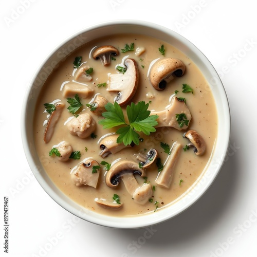 Creamy mushroom soup served in white bowl with fresh parsley garnish. Rich, chunky forest mushrooms and broth create a comforting, delicious meal. Perfect for culinary blogs or restaurant menus.