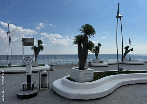 Palm trees on the observation deck by the Black Sea