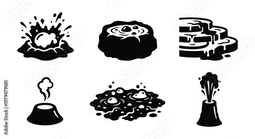Geothermal activity icons set, black and white volcanic landscape elements, 6 vector illustrations of hot springs and geysers