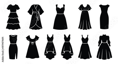 Minimalist black dress silhouette icons, set of 11 elegant female fashion garment vectors, stylish evening gown and cocktail dress collection