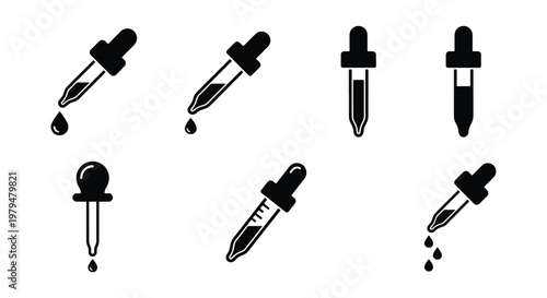 Medical pipette icon set with liquid drops, black laboratory dropper vector collection, scientific glass pipette silhouettes for healthcare and beauty