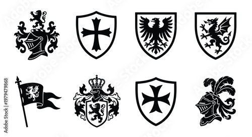 Medieval heraldry crests and knight shields set, 8 black vector icons with eagle and lion emblems, vintage coat of arms for branding and logo design