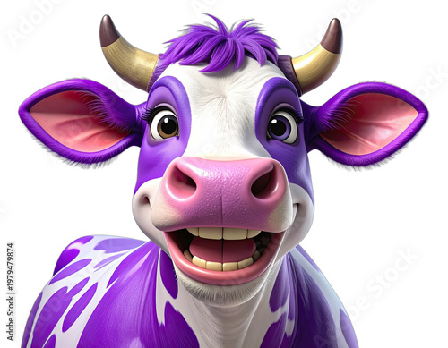 A vibrant, cartoon-style cow with purple and white markings smiles broadly against a stark black background, showcasing a playful and whimsical digital illustration.