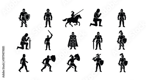 Medieval Knight Silhouettes Set, 15 Black Warrior Icons with Swords and Shields, Ancient Armored Soldier Vector Graphics for Gaming and History