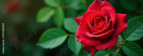 Crimson rose close-up, lush green leaves border , bloom, green, photography