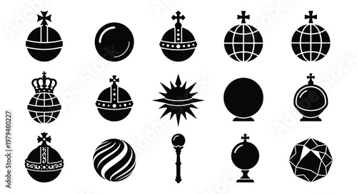 Royal globus cruciger and orb icons set, 15 black vector elements of sovereign regalia, monarch power symbols and imperial globes for heraldry