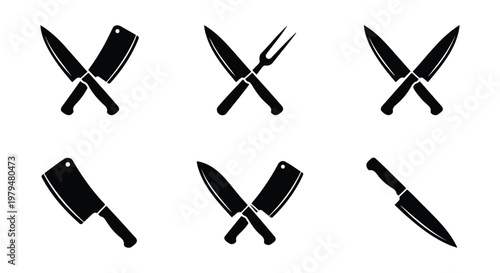 Professional butcher knife icons set, crossed chef knives and meat cleaver silhouettes, 6 culinary kitchen tool vector elements for restaurant logos