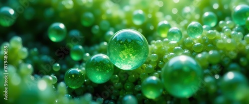 Macro Photography of Glowing Green Bubbles on a Natural Surface with Soft Light Reflections