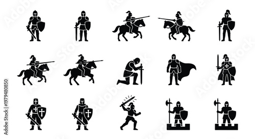 Medieval knight silhouette icons, 15 black vector warrior characters with swords and shields, armored crusader and cavalry soldier set