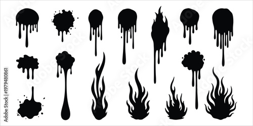 Collection of black ink splatters and dripping paint brush strokes