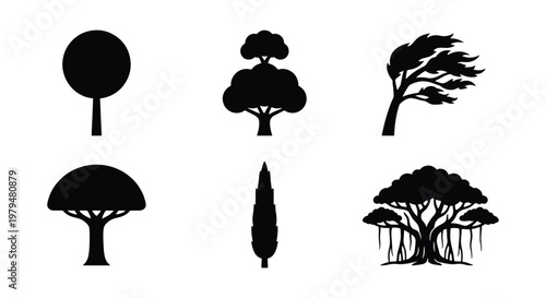 Minimalist tree silhouette icons, set of 6 black vector tree shapes, botanical nature symbols for landscape design and environmental branding