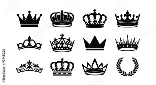 Royal crown silhouettes collection, set of 12 black imperial headwear icons, vintage heraldic king and queen coronets, elegant laurel wreath vector