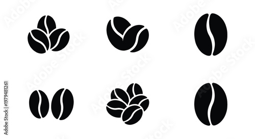 Minimalist coffee bean icons set, black silhouette roasted coffee beans collection, organic espresso bean vector graphics for cafe branding