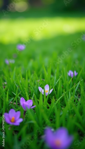 Vibrant green grass carpet, scattered purple blooms , fresh, purple