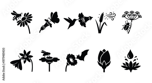 Pollinator insect and bird icon set, black silhouette garden wildlife vectors, 10 nature pollination elements for environmental design
