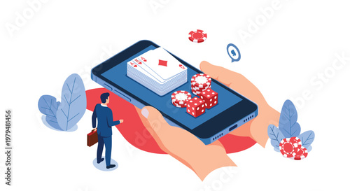 Hands holding a large smartphone showing an online gambling application with playing cards, poker chips, and dice for gaming.