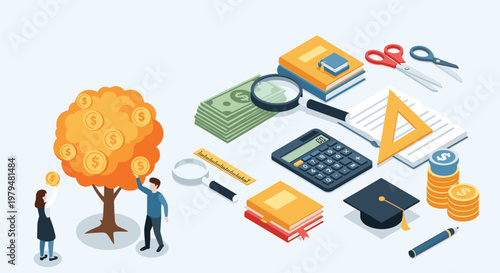 Man and woman picking gold coins from a tree with school supplies like books, calculator, and graduation cap nearby.