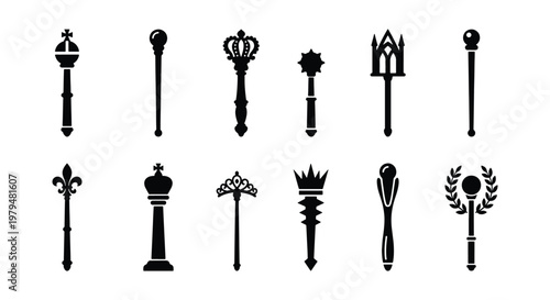 Royal scepter icons set, 12 medieval king wand silhouettes, golden age monarchy symbols, black heraldic scepters and ceremonial maces vector