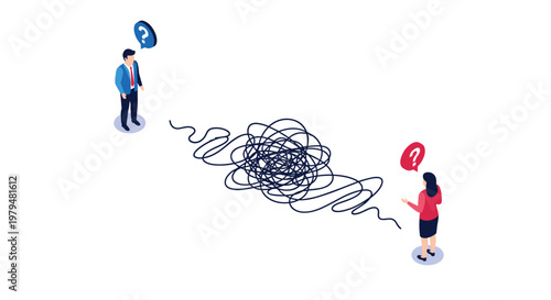 Businessman and businesswoman standing at opposite ends of a tangled web of lines representing complex communication or problems.