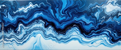 Abstract Swirling Blue and White Fluid Painting with Smooth Waves and Textured Patterns on Canvas