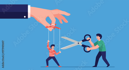Man uses giant scissors to cut the strings of a small puppet being controlled by a large hand in a business suit.