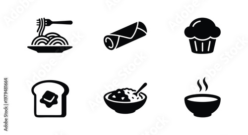 Minimalist food icon set, black solid vector symbols of pasta, burrito, muffin, toast, cereal bowl and hot soup, collection of 6 culinary elements