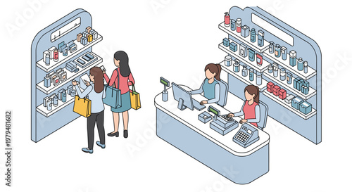 Customers browsing shelves while cashiers work at the checkout counters in a modern skincare or cosmetics retail store.