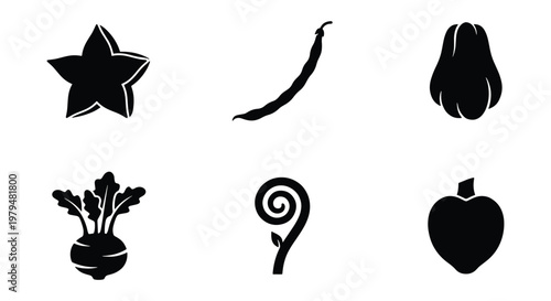 Minimalist vegetable silhouette icons set, black organic food symbols on white background, 6 flat vector elements for grocery and healthy eating
