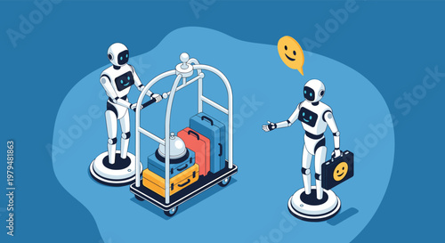 Advanced humanoid robots serving as a bellhop with a luggage cart and a concierge in a futuristic hotel lobby setting.