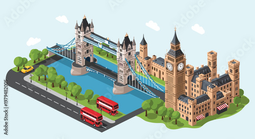 Detailed isometric illustration of London featuring Tower Bridge, the Palace of Westminster with Big Ben, and red double-decker buses.
