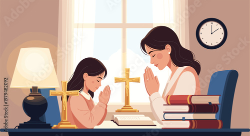 Mother and young daughter sitting at a table with a Bible and crosses, praying together in a room with a lamp and clock.
