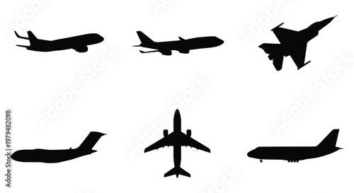 Airplane silhouette vector set, 6 commercial and military aircraft icons, black plane shapes for aviation design, jet and airliner symbols