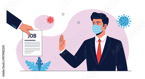 Professional man wearing a face mask gesturing to refuse a job offer document during a global health crisis.