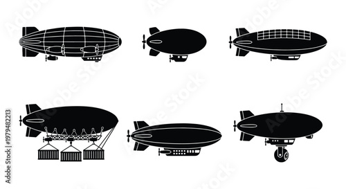 Vintage airship silhouette collection, 6 zeppelin vector icons, retro dirigible and blimp transport set, black aviation aircraft graphics