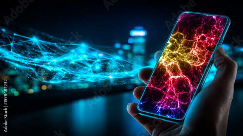 Smartphone with Digital Network Connection on City Background for Mobile Technology Concept
