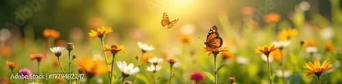 Butterflies flit over blooming wildflowers in sun-drenched meadow , butterfly, ecology