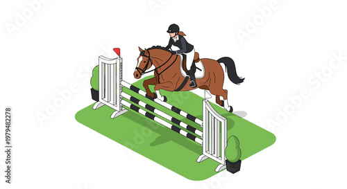 Equestrian athlete in professional gear riding a brown horse while jumping over a striped hurdle on a green field.