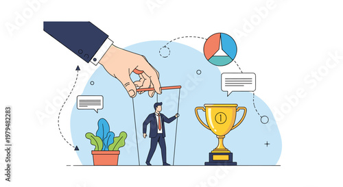 Giant corporate hand manipulating a businessman puppet with strings to walk towards a golden trophy cup.