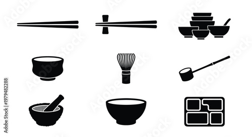 Japanese kitchenware icon set, black silhouette vector of traditional tea ceremony tools and dining utensils, 9 minimalist oriental dishware elements
