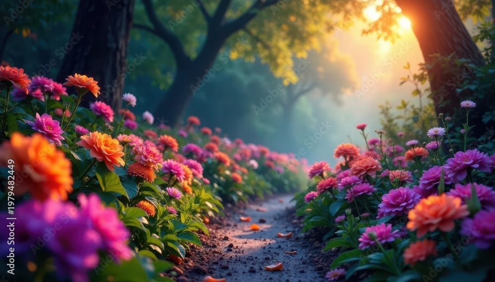 Obraz premium Chromatherapy garden; brainwaves trigger scent & color changes in flora, brainwaves, organic
