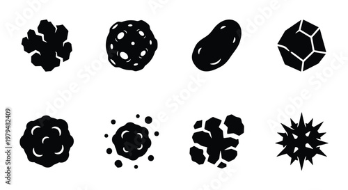Black silhouette asteroid and meteor icons set, 8 space rock and comet vector elements, cosmic debris and celestial body illustrations for astronomy