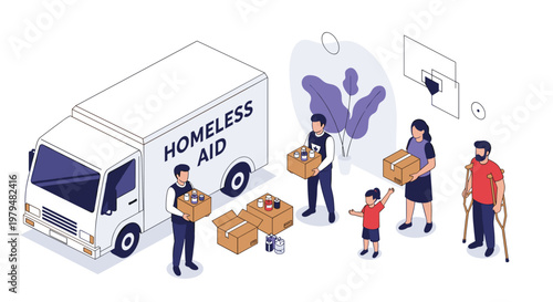 Group of volunteers unloading food and supplies from a truck labeled homeless aid to assist a man with crutches and a child.