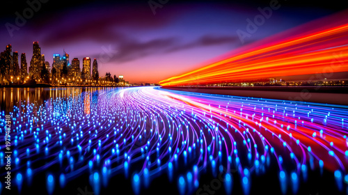 Data Stream with Light Trails on City Background for High Speed Network Technology Concept