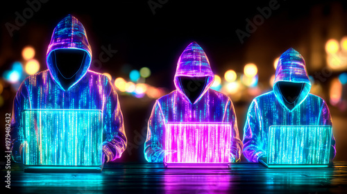 Cyber Hackers with Laptops on Neon Code Background for Cybersecurity Threat Concept
