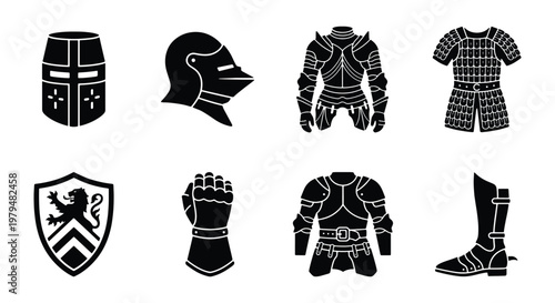 Medieval knight armor icons set, black silhouette warrior equipment collection, 8 vector elements of middle ages battle gear and heraldic shield