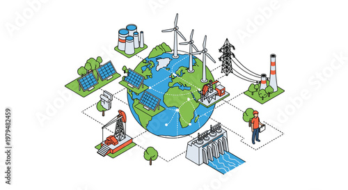 Global network of various energy sources including wind turbines, solar panels, hydroelectric dams, and power plants around a green earth.